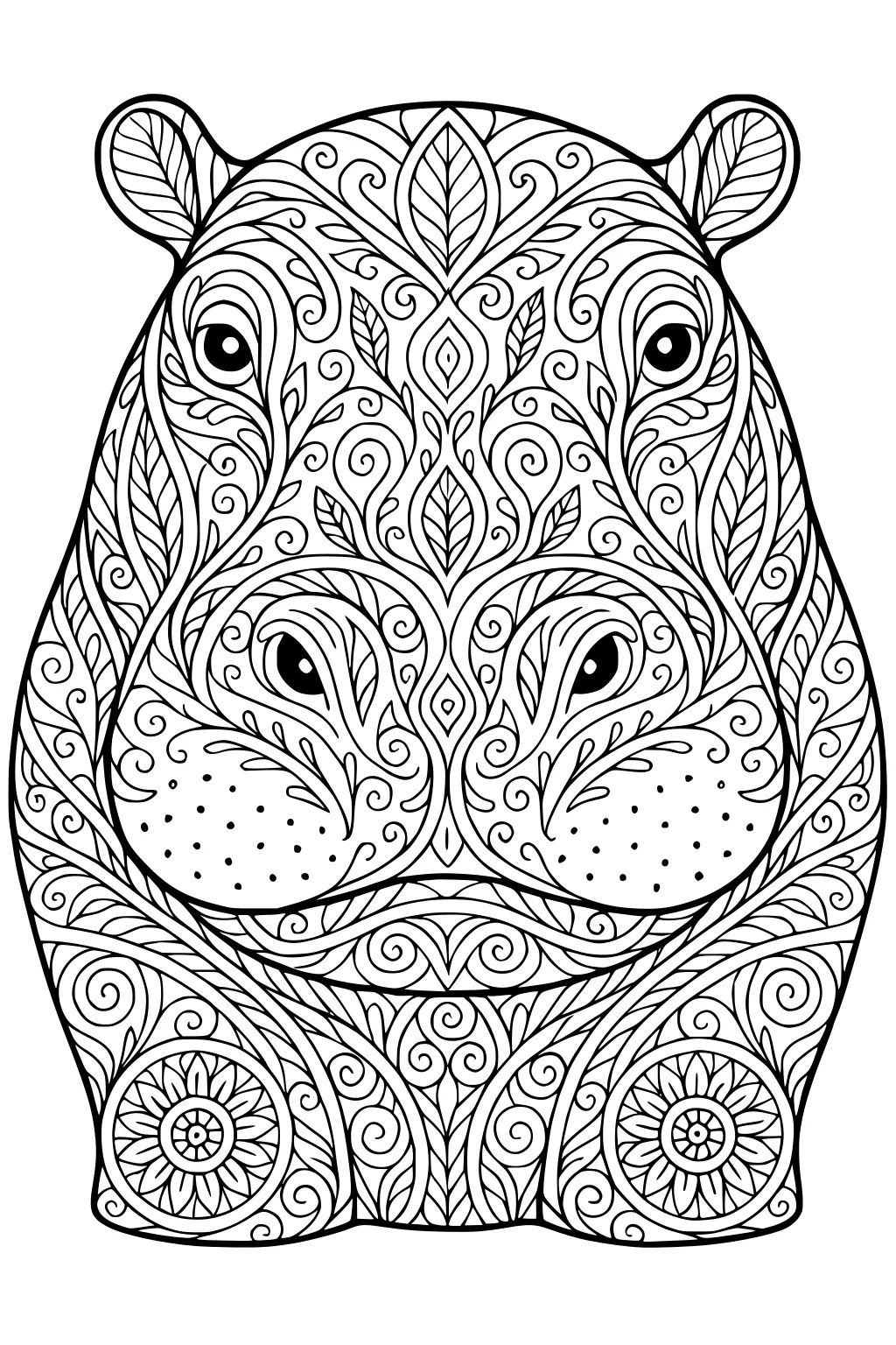 Detailed hippopotamus face with swirling leaf and flower patterns covering the whole head and ears.