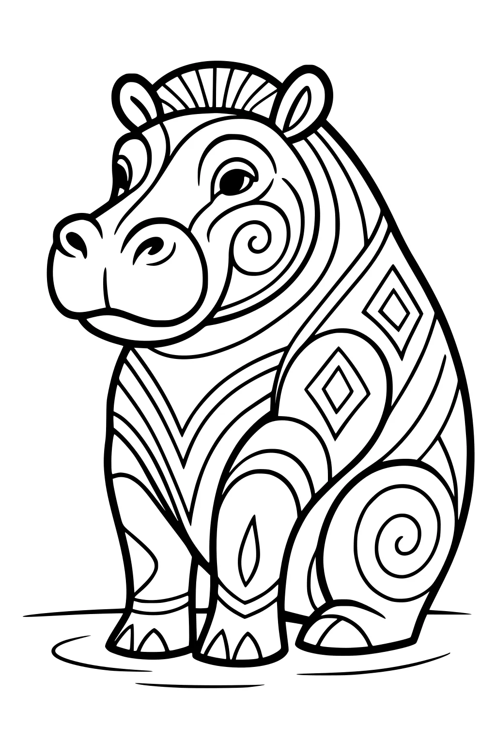 Hippopotamus with large eyes, sitting on the ground, decorated with swirls, diamonds, and bold patterned lines.