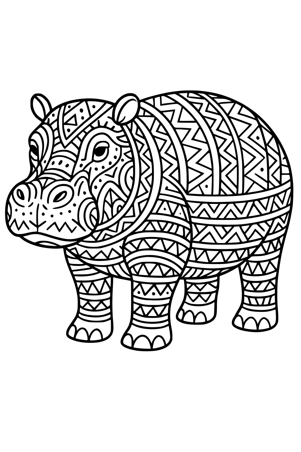 Standing hippopotamus outlined in black with body and face decorated in geometric and zigzag patterns.