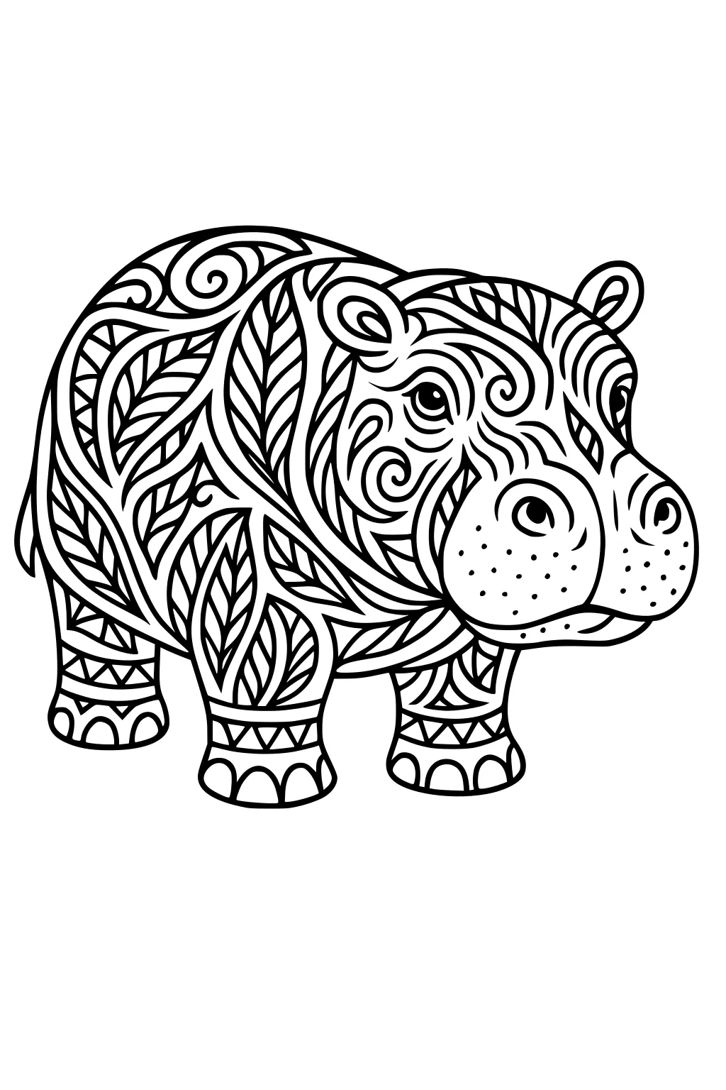 Outlined hippopotamus with detailed leaf and swirl patterns covering its body, standing on a blank background.