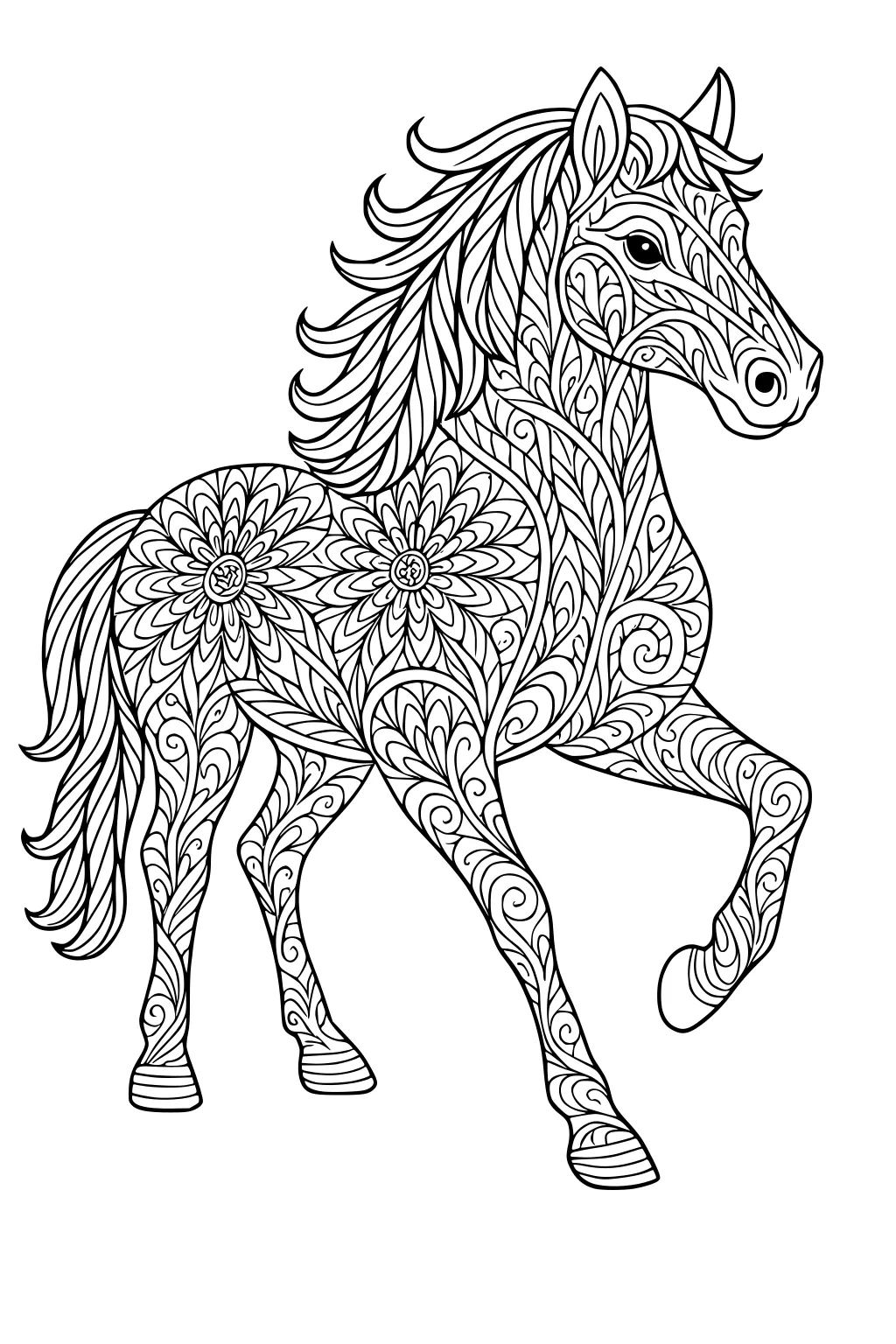 Horse with decorative floral and swirl patterns covering its body and flowing mane, drawn in black outlines.