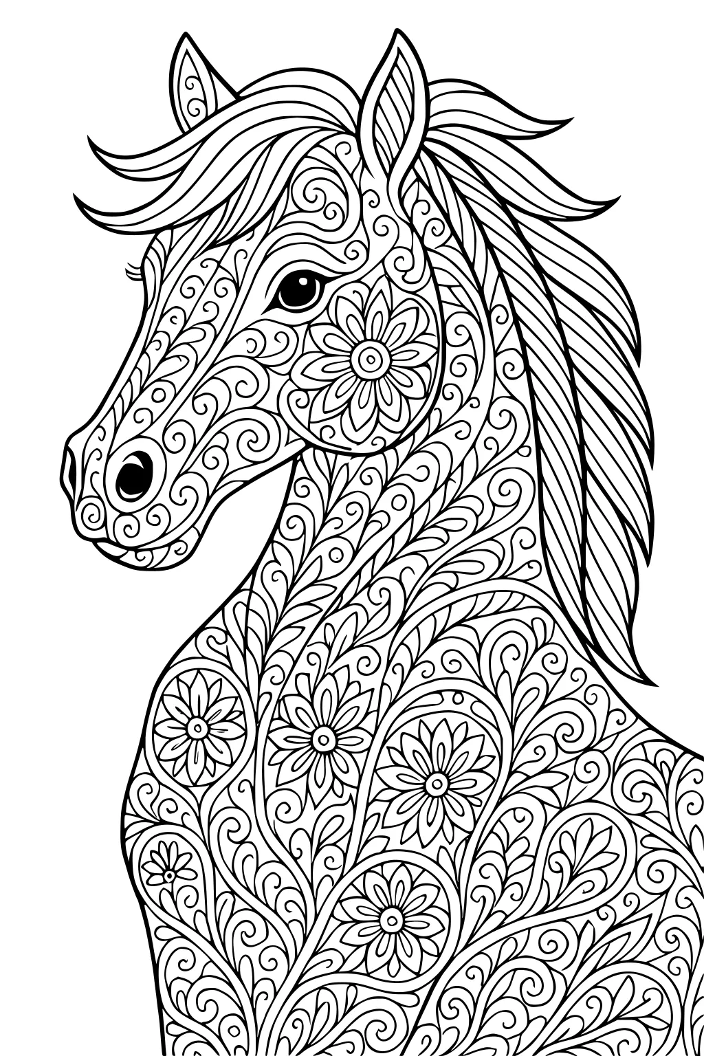 Horse with swirling patterns and large flower shapes on its head, neck, and mane, facing to the left.