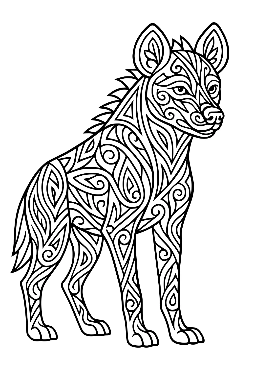 Hyena standing and facing forward, covered in swirling geometric and leaf designs.