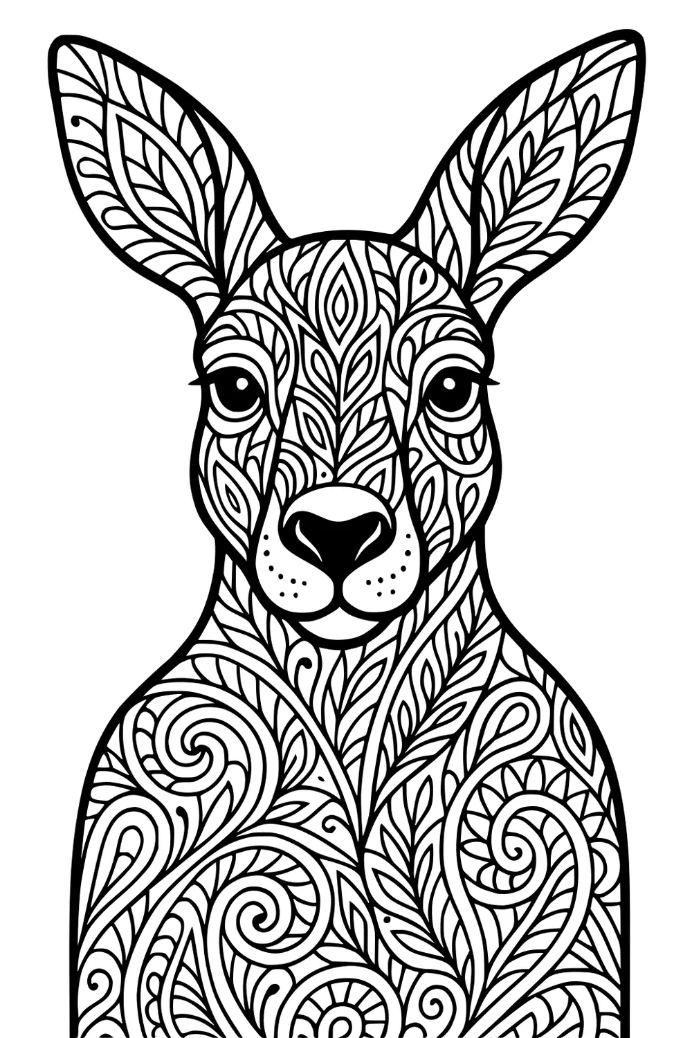 Kangaroo portrait with large ears, covered in swirling leaf patterns and bold black outlines.