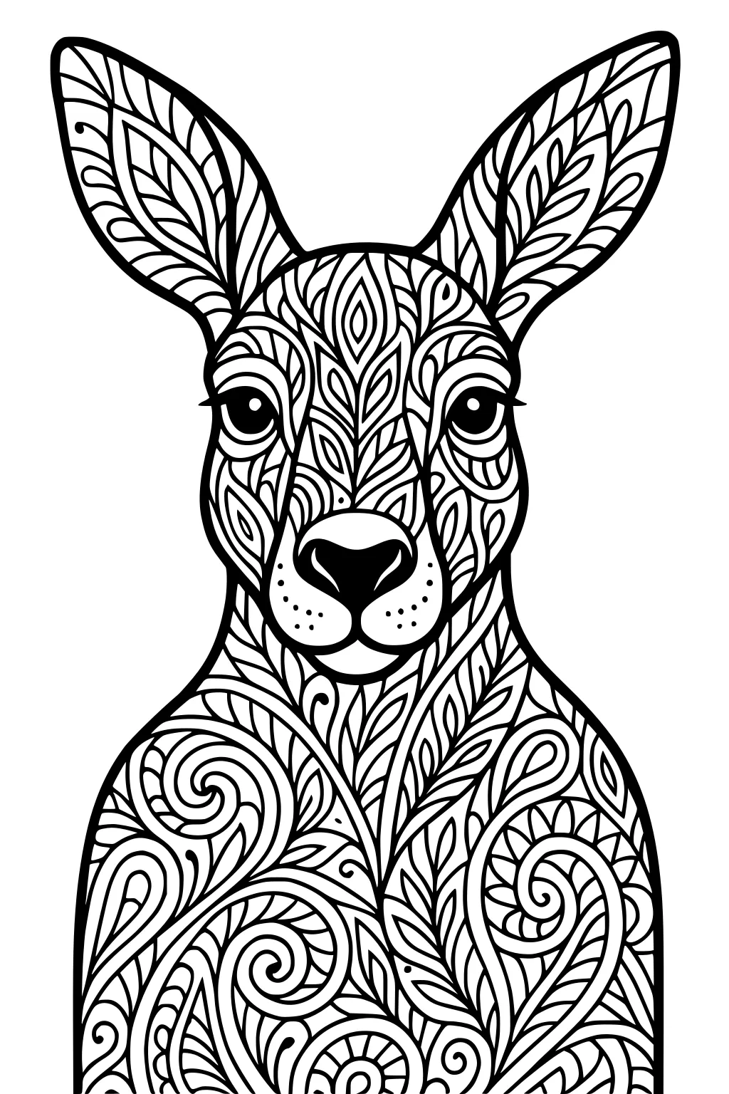 Kangaroo portrait with large ears, covered in swirling leaf patterns and bold black outlines.