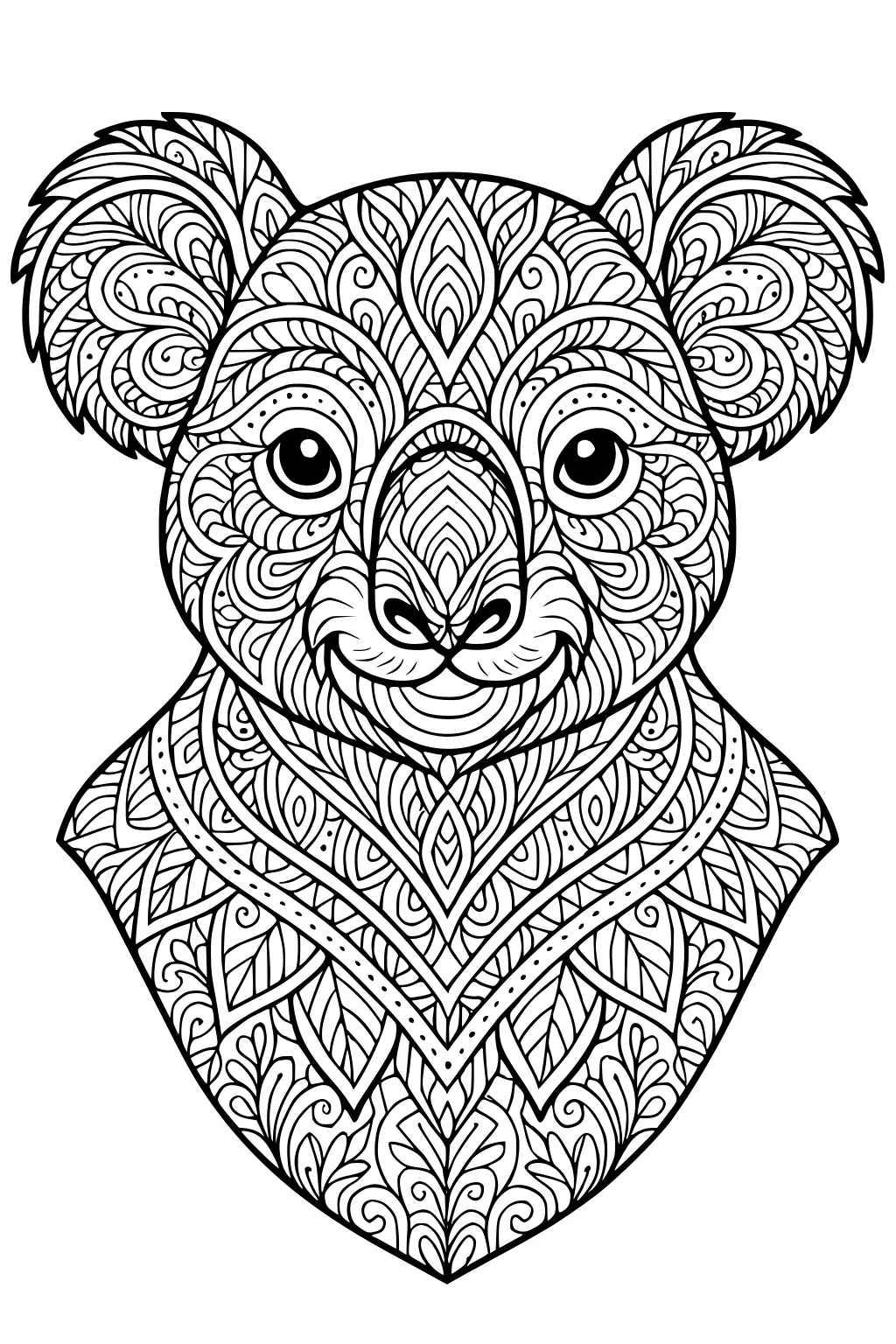 Detailed koala portrait filled with mandala and leaf patterns, outlined for coloring, showing only the head and upper body.