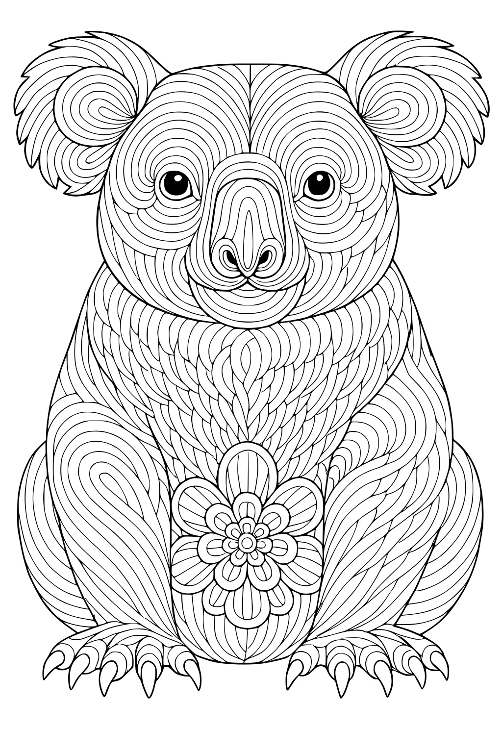 Front-facing koala with swirled line pattern, big fluffy ears, and a flower shape on its belly.
