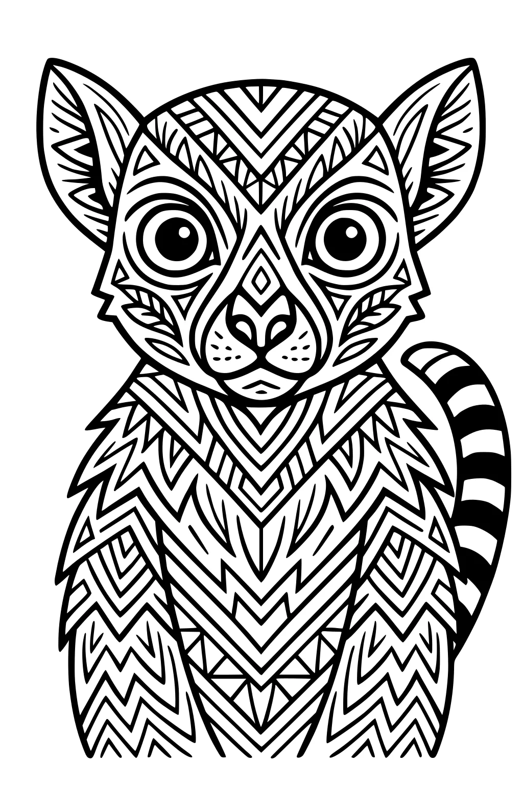 Lemur sits facing forward with big eyes, large ears, striped tail, and fur marked by bold geometric lines and shapes.