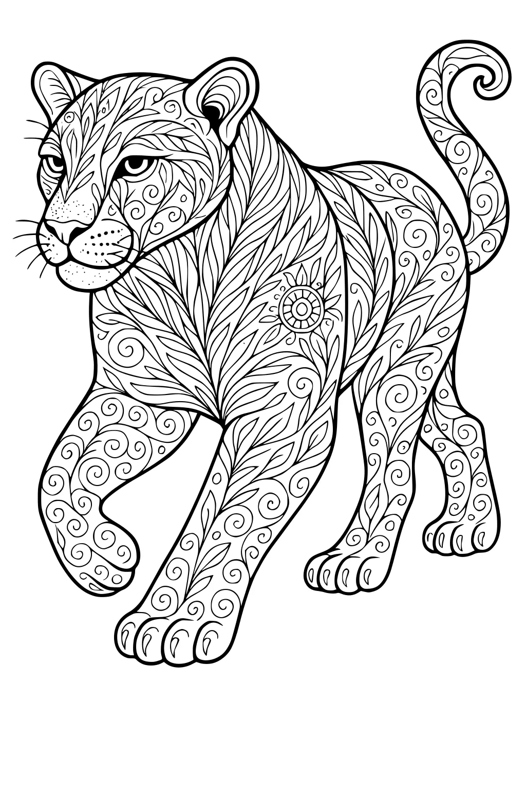 Leopard with patterned fur made of swirls and leaf designs, walking forward, tail curled, detailed line art.