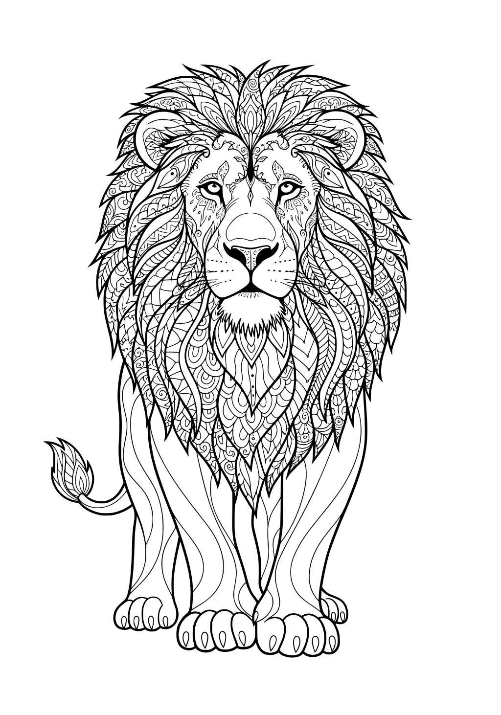 Outlined lion with a large, patterned mane sitting upright and a tufted tail, surrounded by decorative line details.