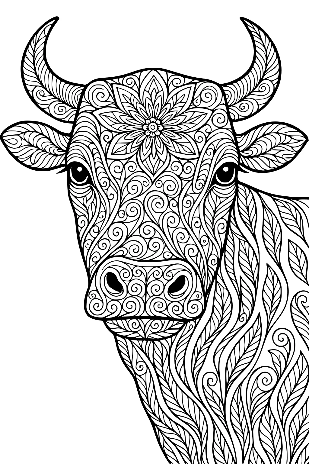 Ornate cow face with swirly, leafy patterns and a large flower design on the forehead in black outline.