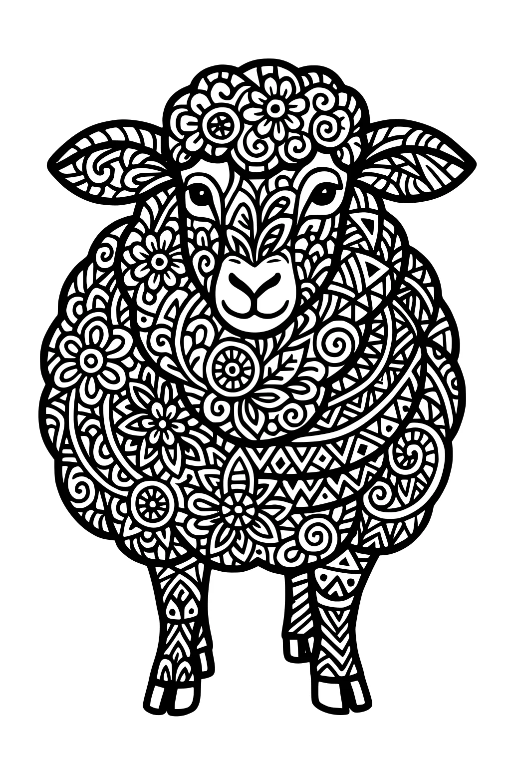 Sheep with intricate patterned wool full of flowers, swirls, and geometric designs, standing and facing forward.