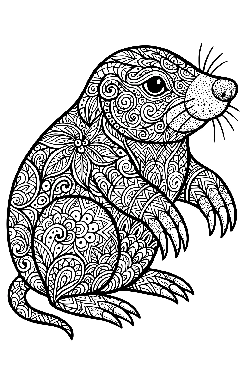 Mole sitting upright with swirling, floral patterns and detailed textures covering its body and paws.