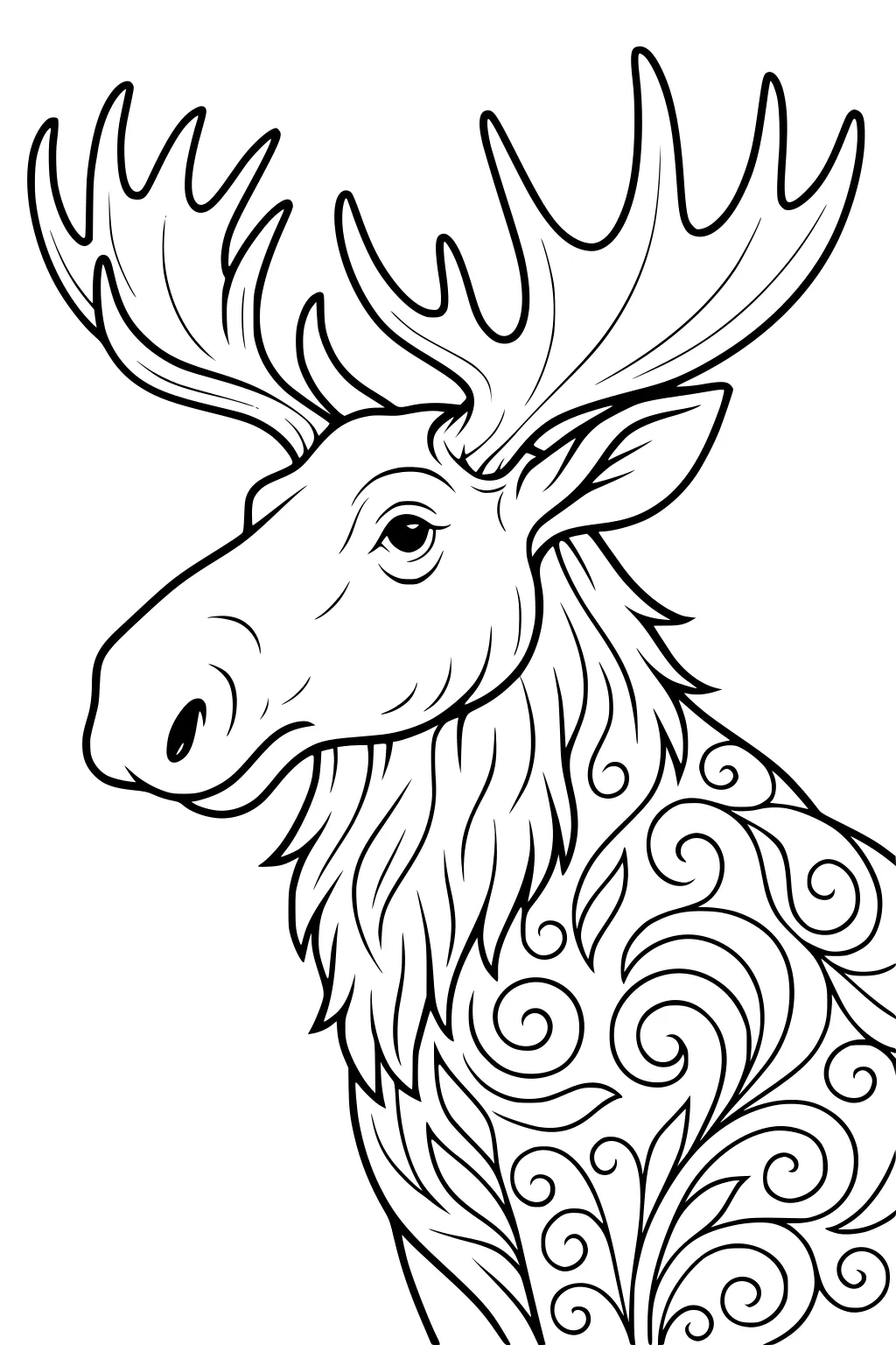 Moose with big antlers and swirling patterns on body, shown from the shoulders up.