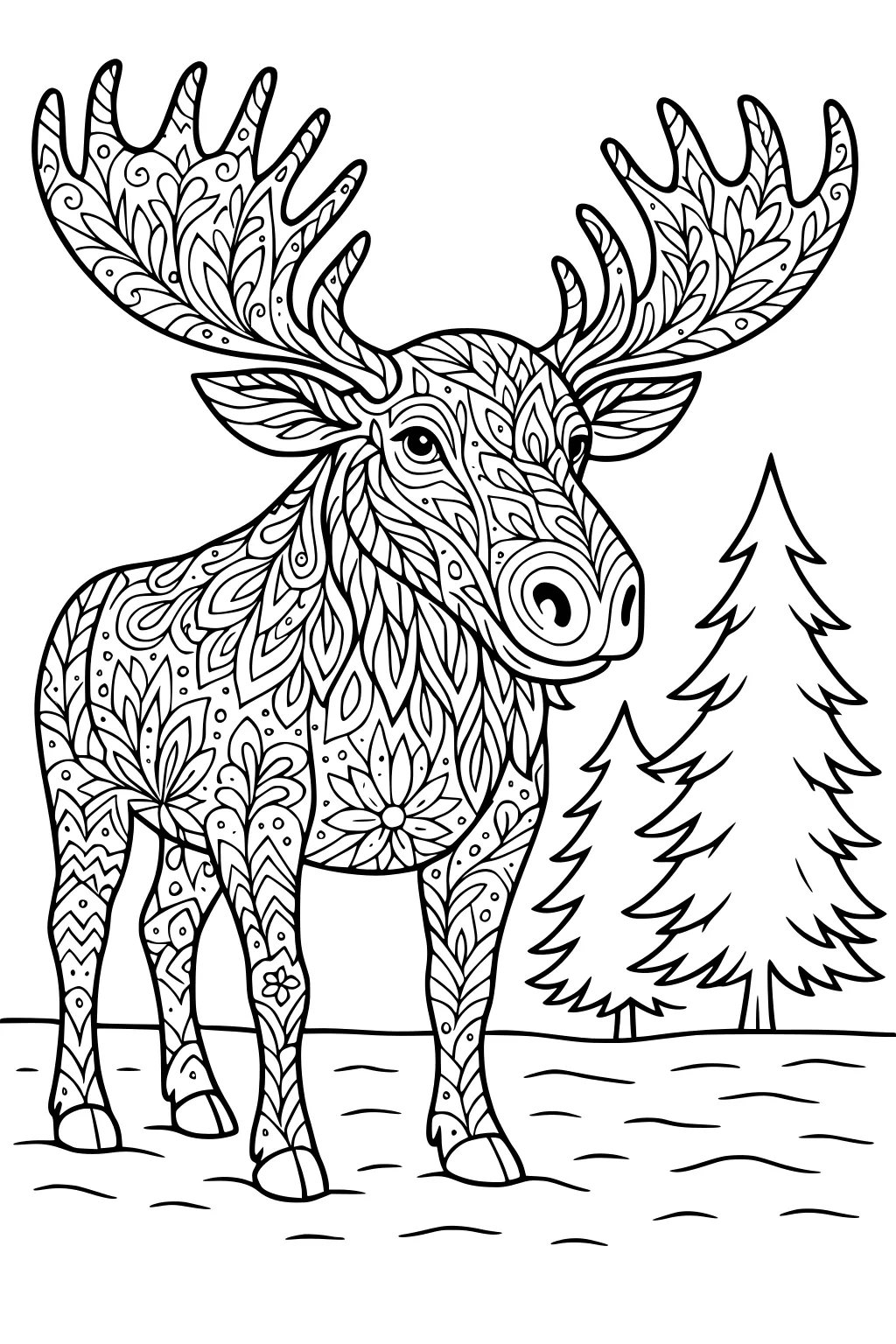 Moose with patterned antlers and body standing in front of two cartoon pine trees.