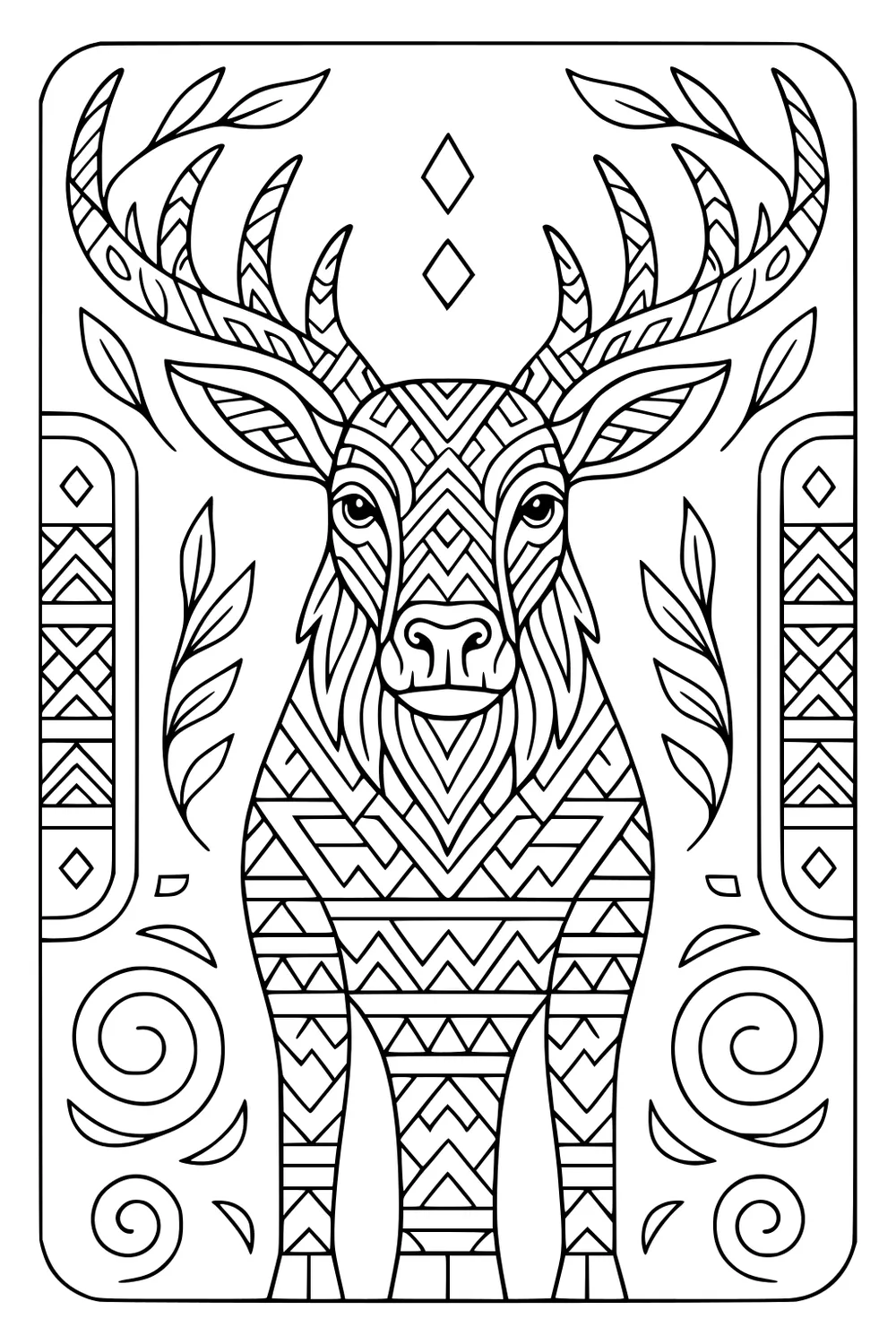 Stylized moose with large antlers, covered in geometric patterns, surrounded by swirls and leaves.