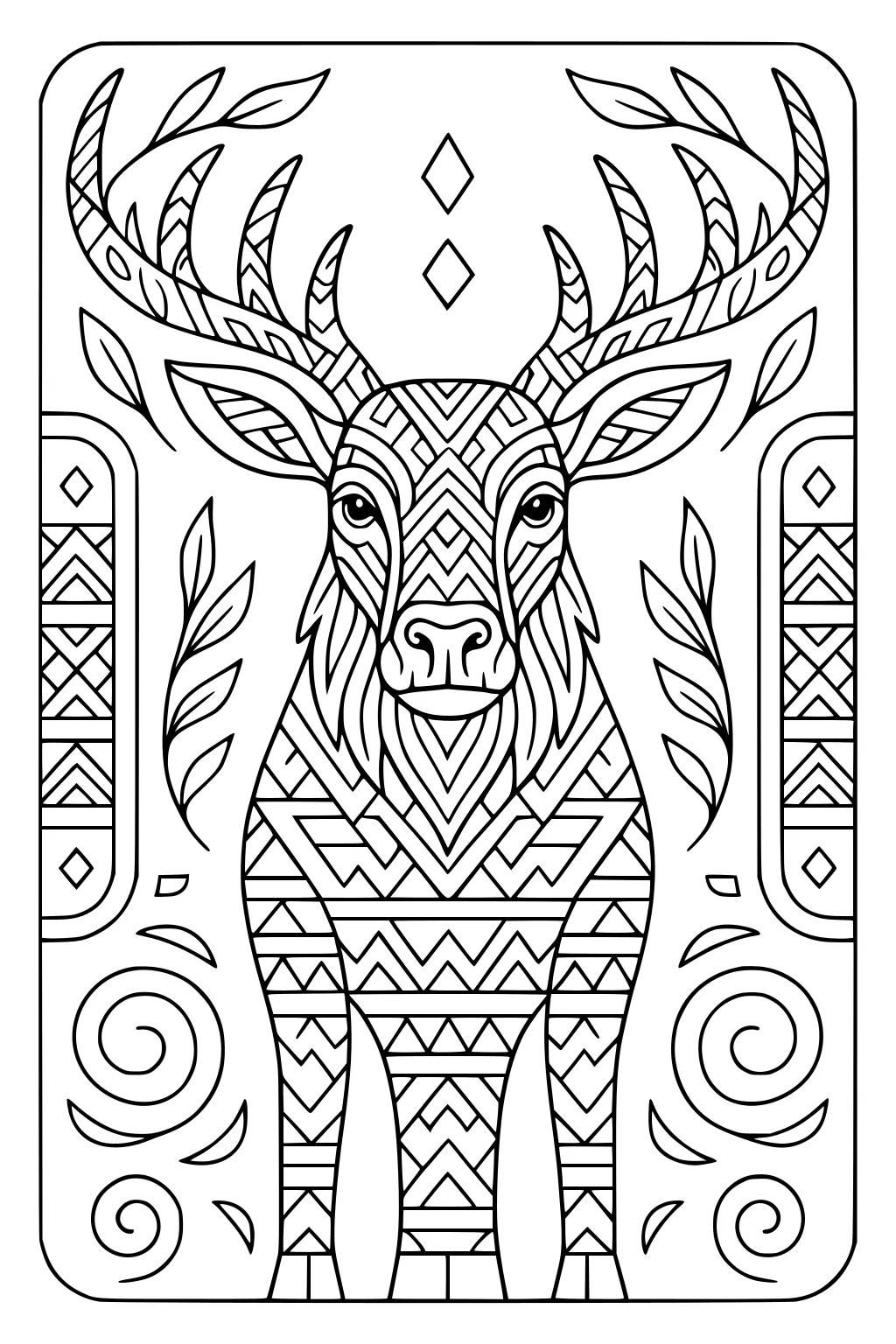 Stylized moose with large antlers, covered in geometric patterns, surrounded by swirls and leaves.