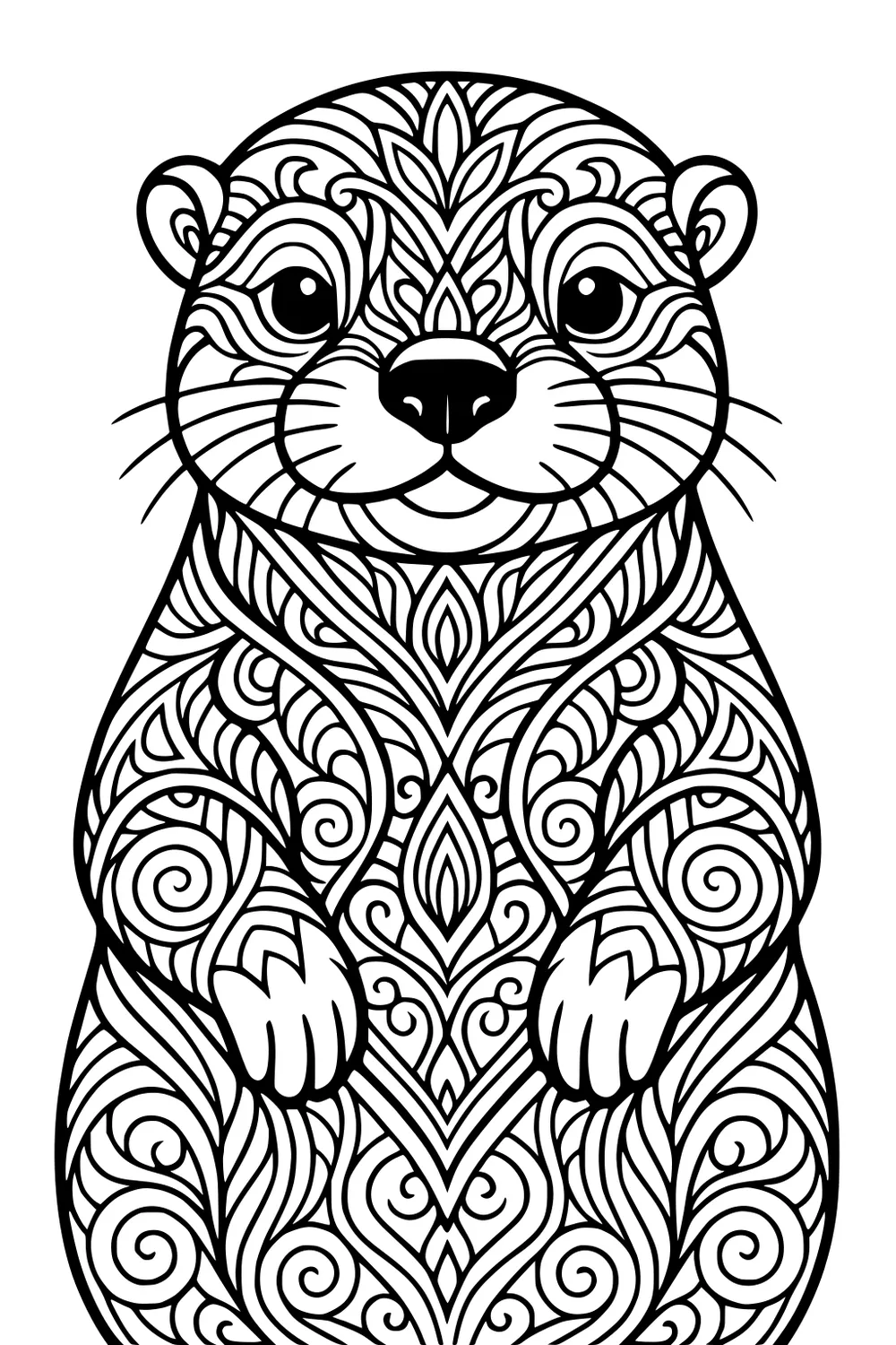 Front-facing otter with swirling patterned fur, large eyes, round ears, and small front paws held together.