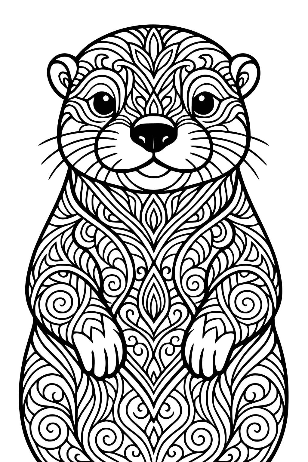 Front-facing otter with swirling patterned fur, large eyes, round ears, and small front paws held together.