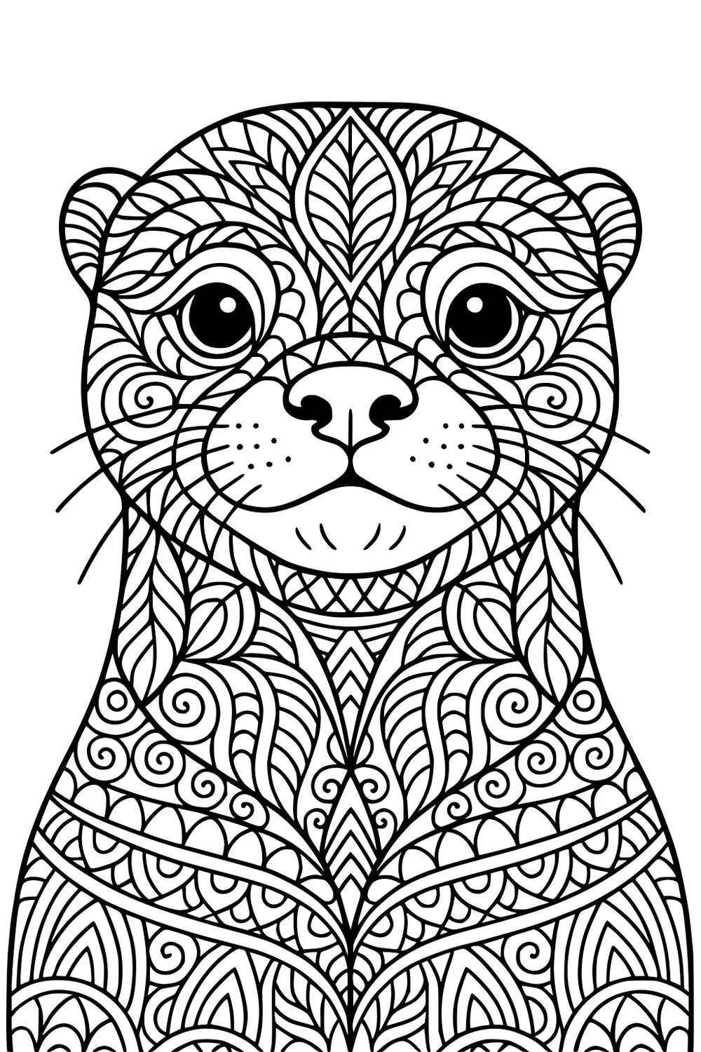 Otter drawn with swirling lines and leafy shapes covering face and body, wide eyes, small nose, and whiskers.