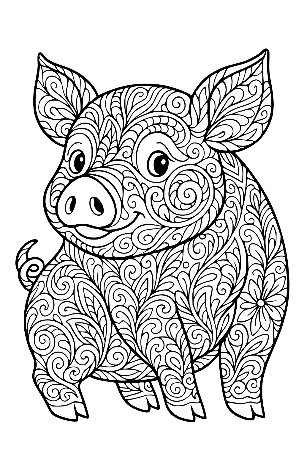Pig sitting with large patterned ears, curly tail, and a body filled with swirls and flowers.