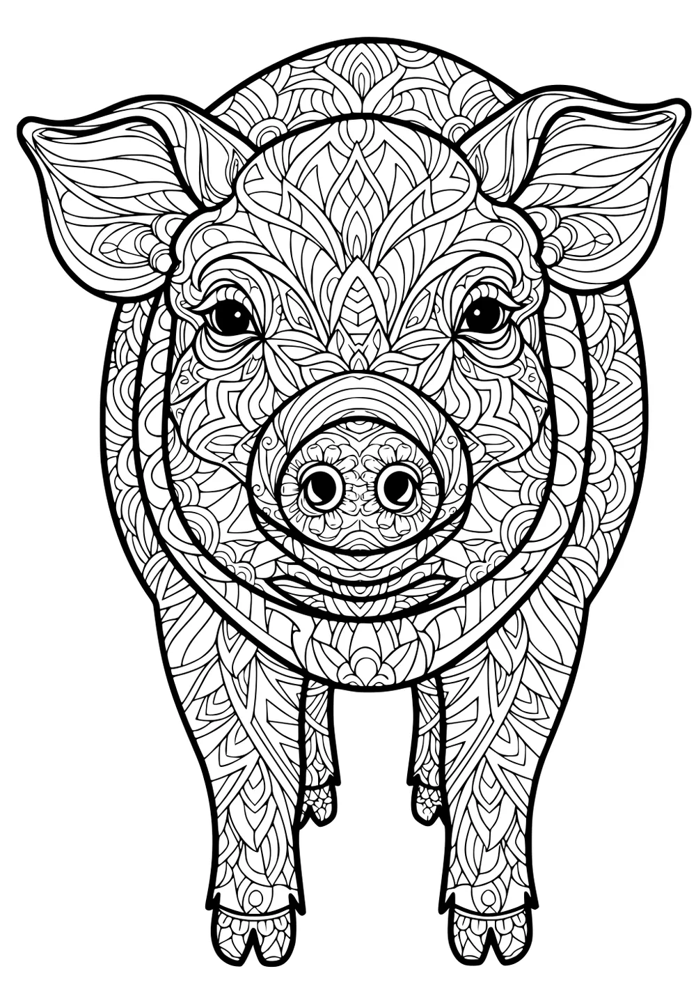 Front-facing pig with big ears and detailed swirling patterns across its body, legs, snout, and face in black and white.