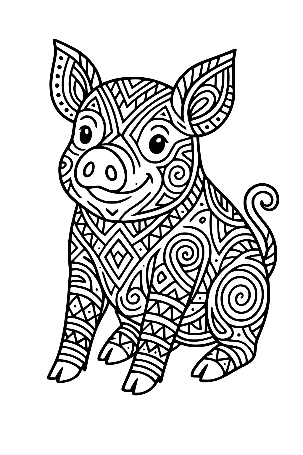 Pig sitting upright, covered in swirls, diamonds, and geometric patterns, with large ears, a curly tail, and a smiling face.
