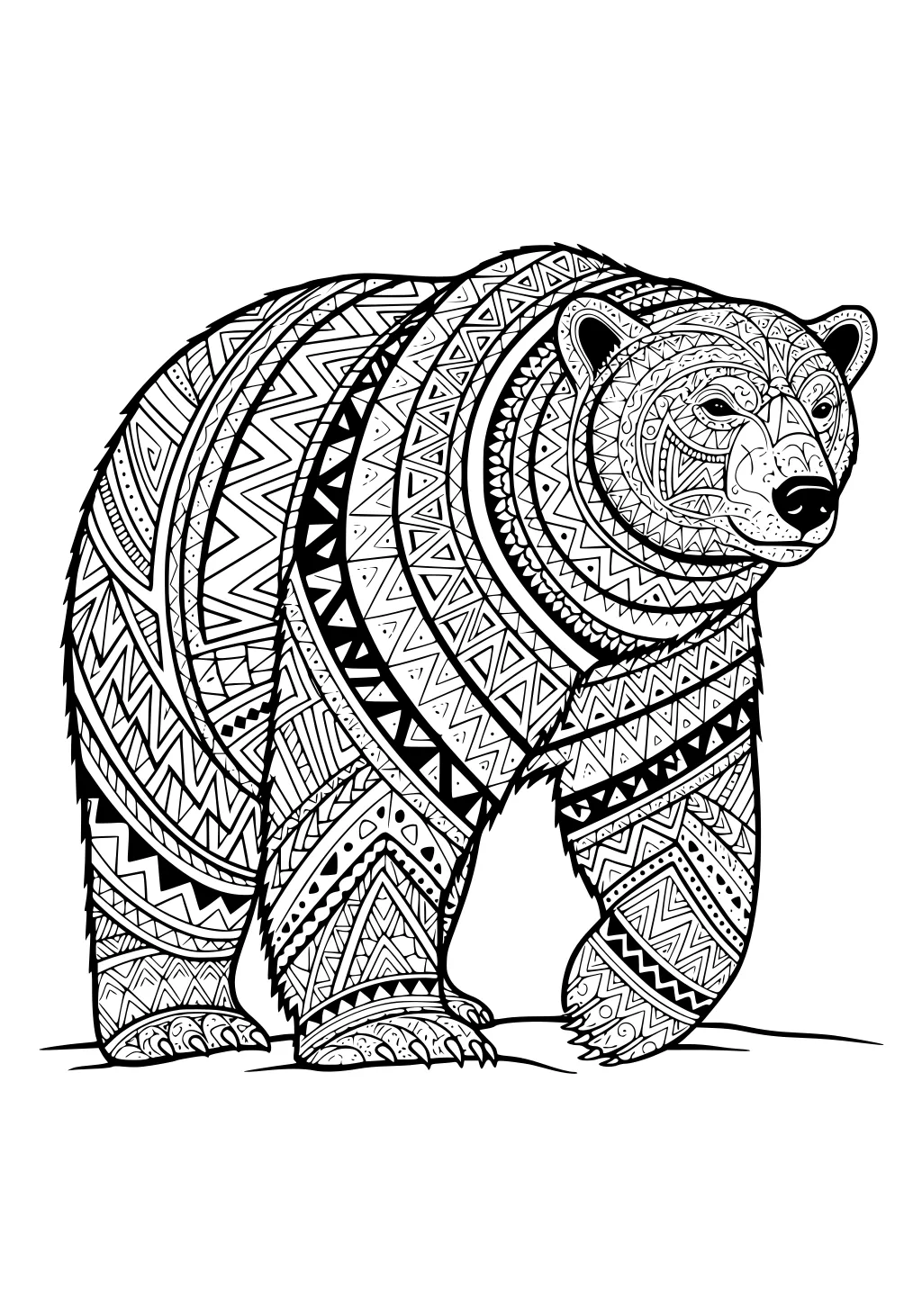 Polar bear covered in intricate geometric patterns with its head turned slightly and one front paw raised.