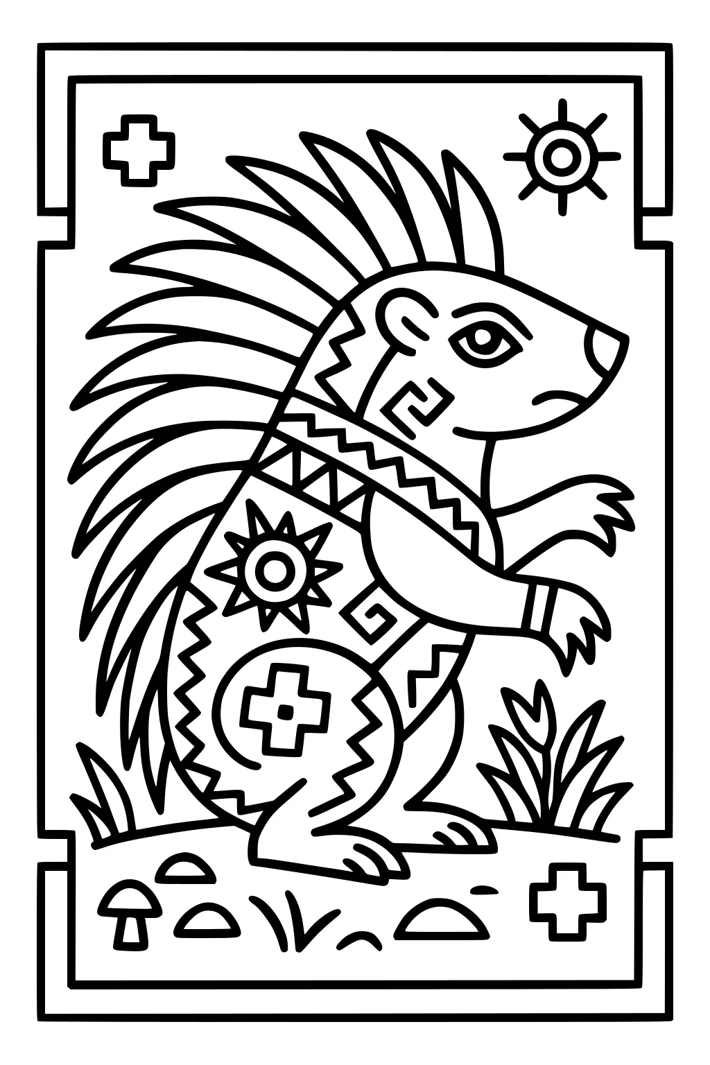 Porcupine with patterned body, surrounded by grass, mushrooms, geometric shapes, and a sun in a bold outlined frame.