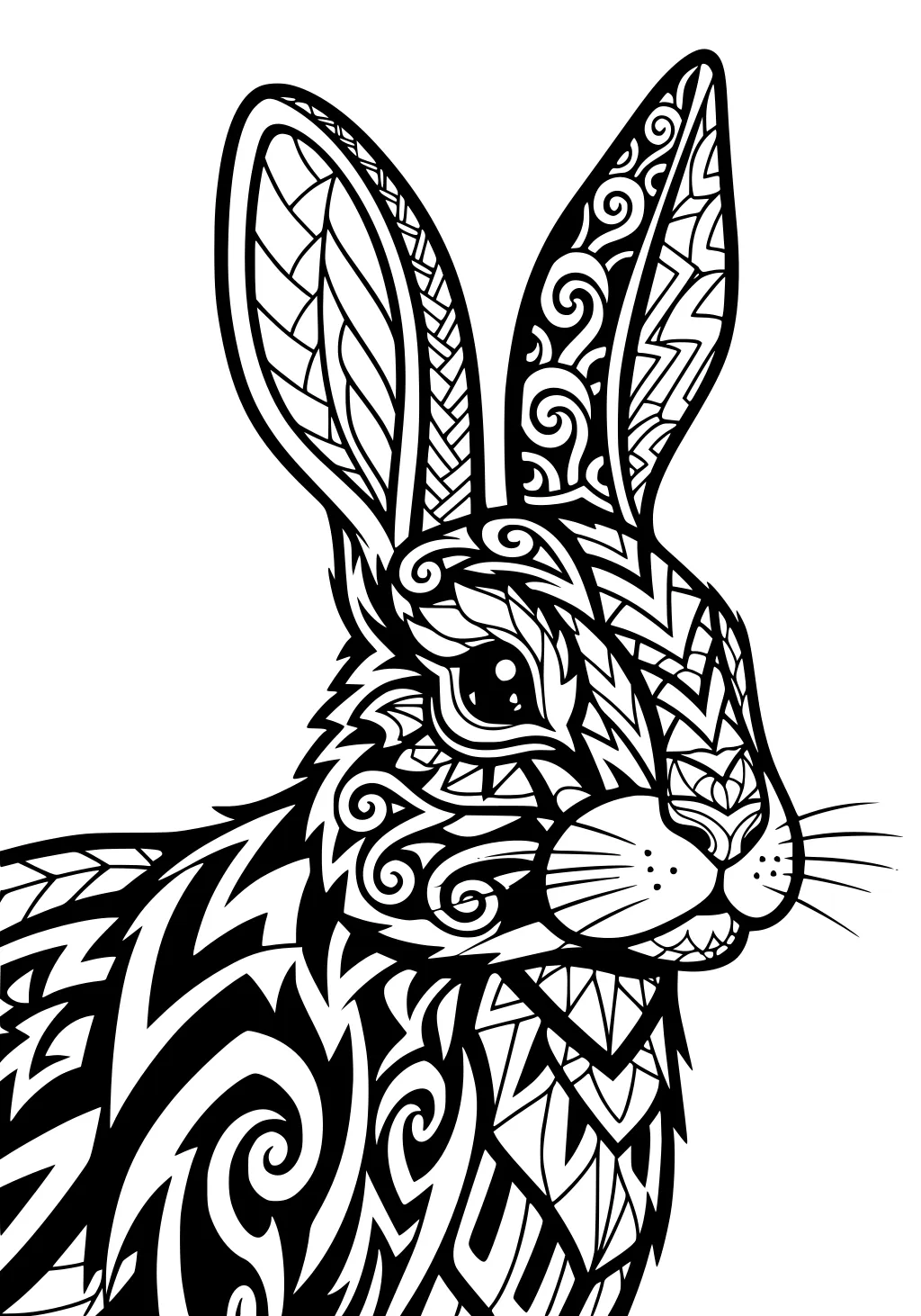 Rabbit with swirling zigzag patterns in its fur, outlined in black, facing right with upright ears and detailed face.