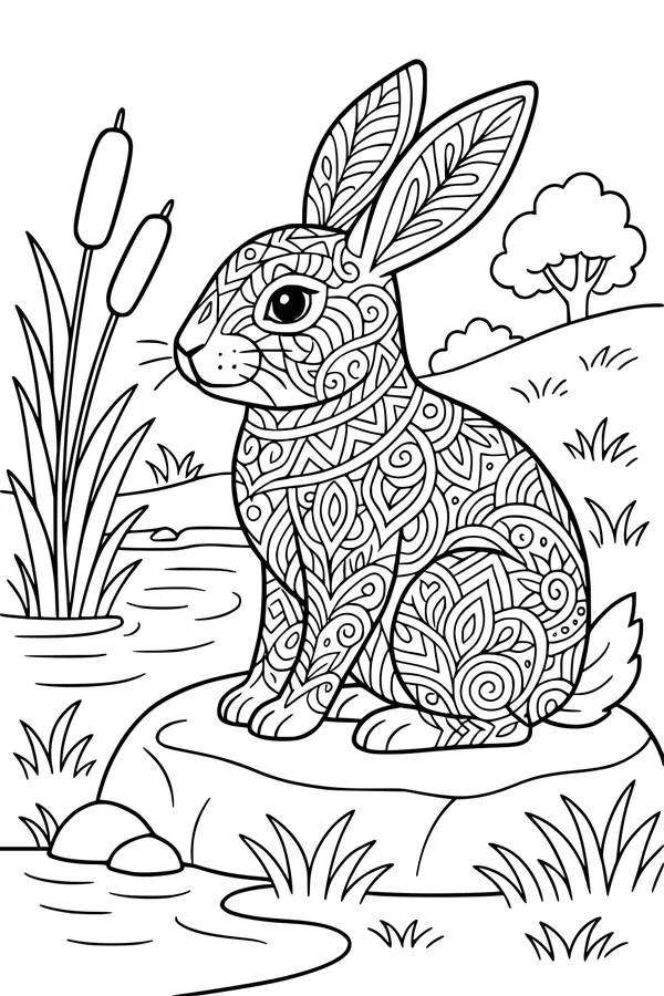 Patterned Rabbit by the Pond Edge