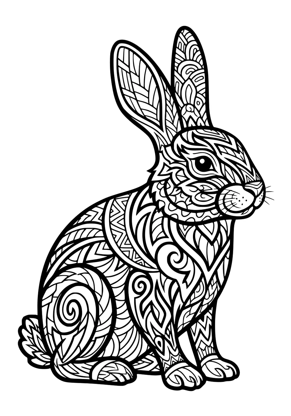 A patterned rabbit sits upright with large ears and abstract swirly designs covering its fur.