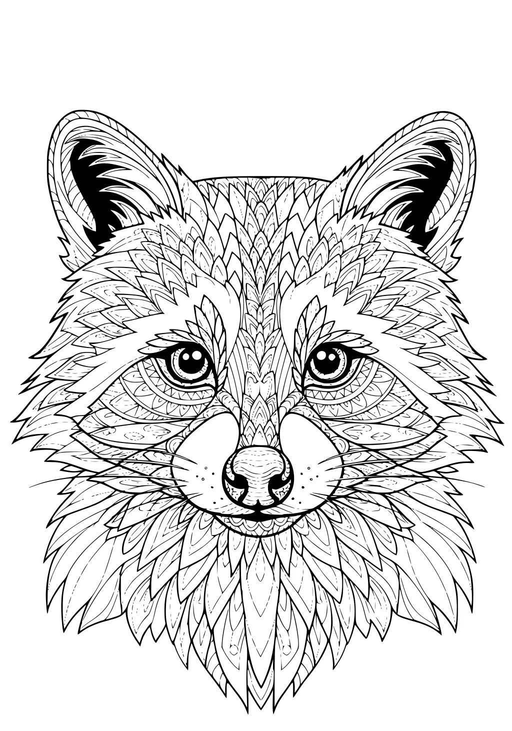 Detailed raccoon face with bold eyes, patterned fur, and lined textures across the cheeks, nose, and ears.