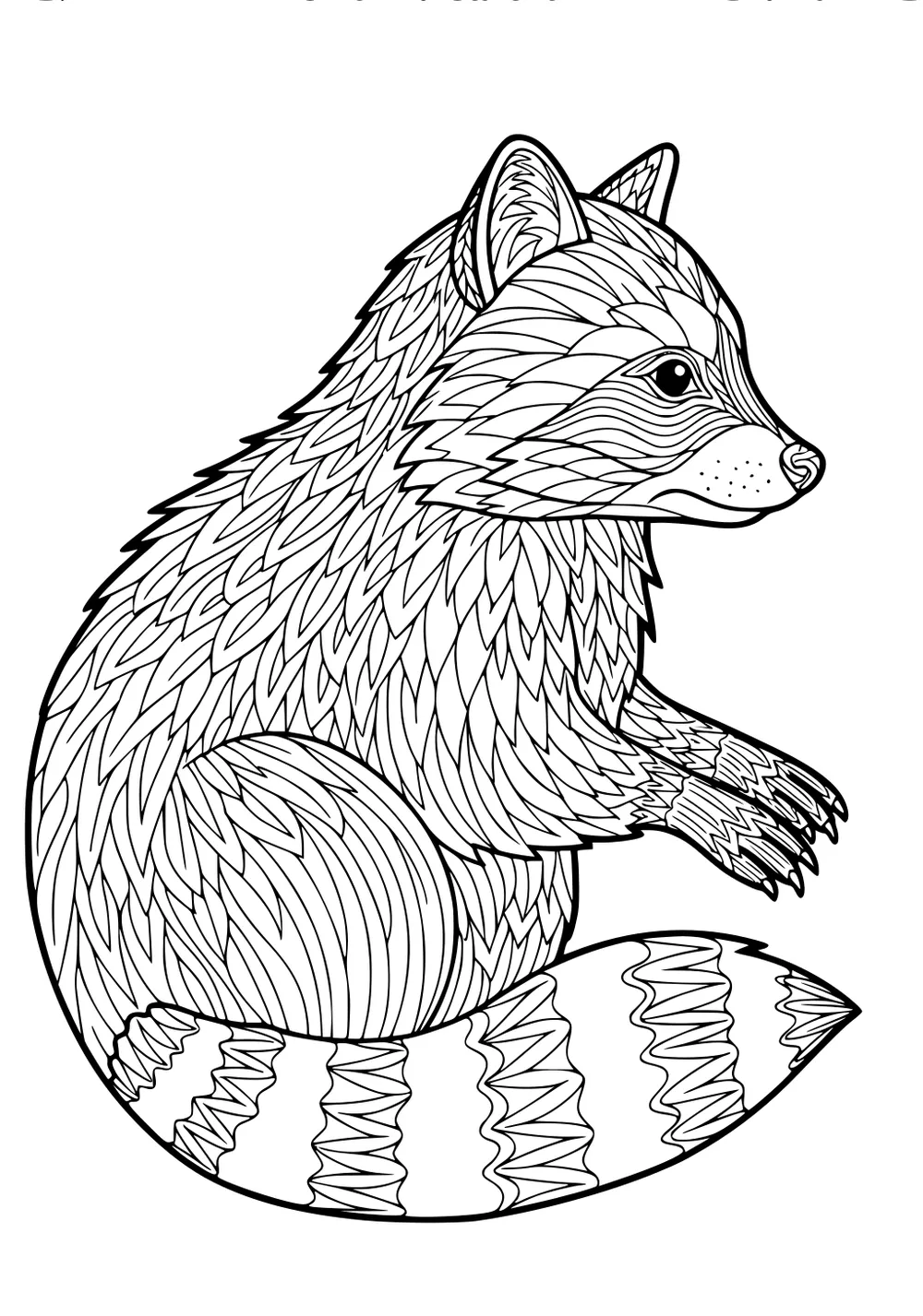Raccoon with patterned fur and striped tail sitting upright, outlined in black and white.
