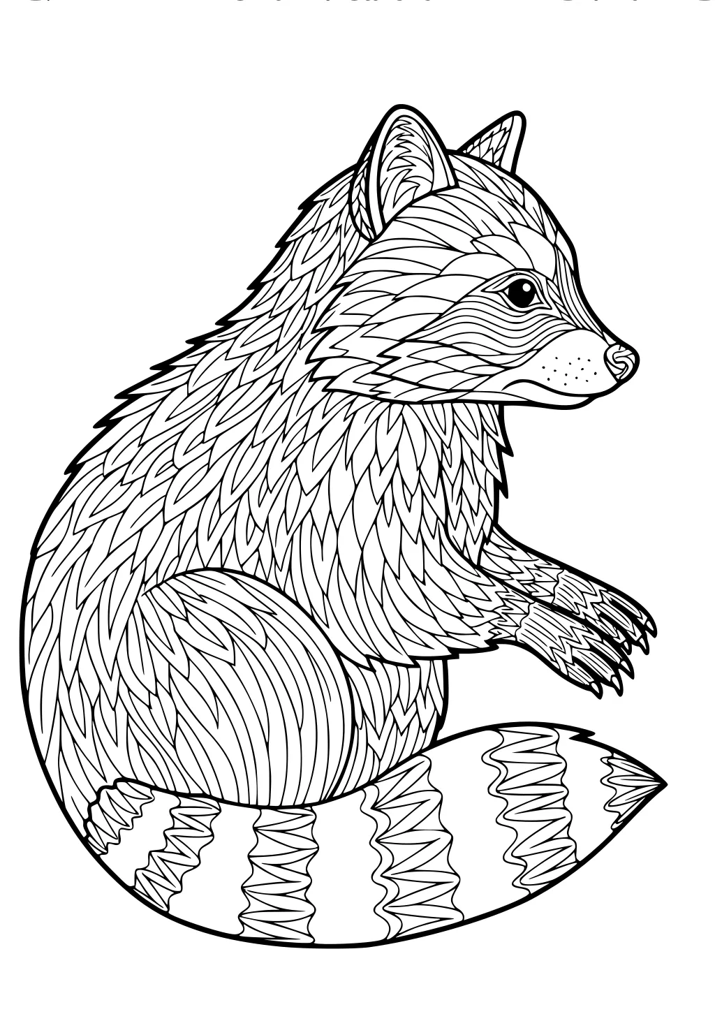 Raccoon with patterned fur and striped tail sitting upright, outlined in black and white.