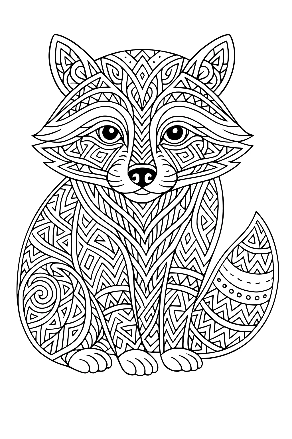Raccoon sitting upright, covered in swirling and zig-zag geometric patterns, with large eyes and bushy patterned tail.