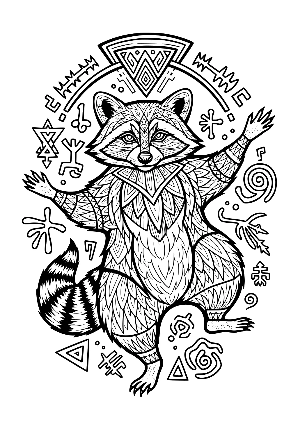 Raccoon with patterned fur standing upright, surrounded by geometric shapes and tribal-like symbols.