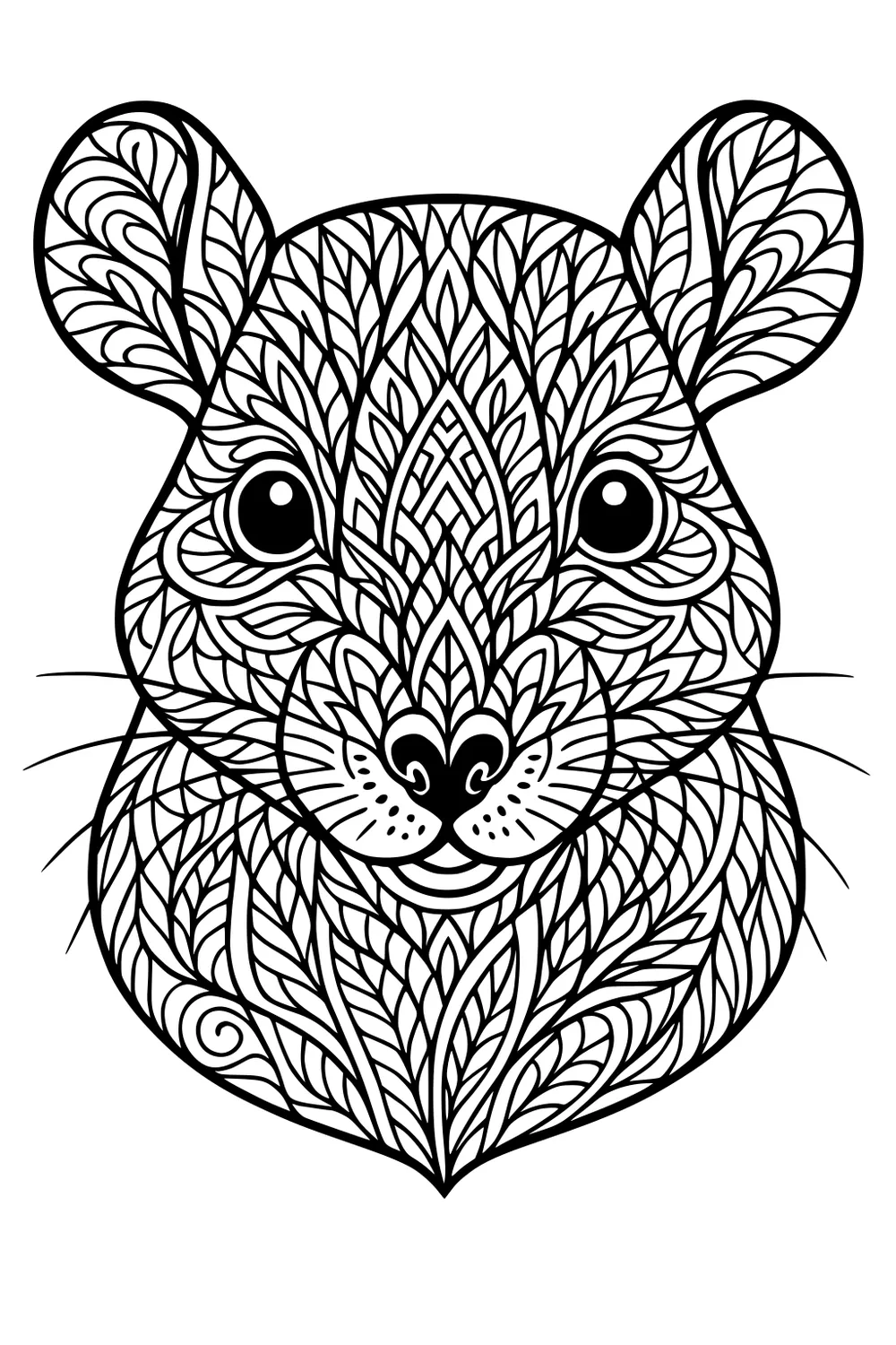 Line drawing of a rat face with large ears, round eyes, and detailed leaf-shaped patterns throughout.