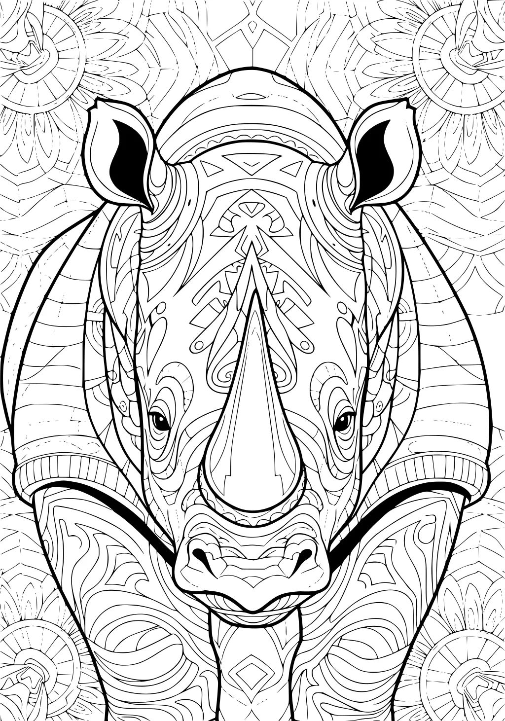 Rhinoceros with patterned skin and a horn, surrounded by decorative mandala flowers.