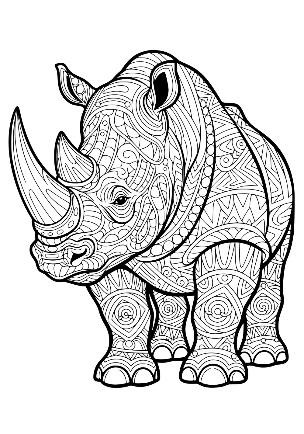 Rhinoceros with swirling, geometric patterns all over its body standing on four legs, large horn facing left.