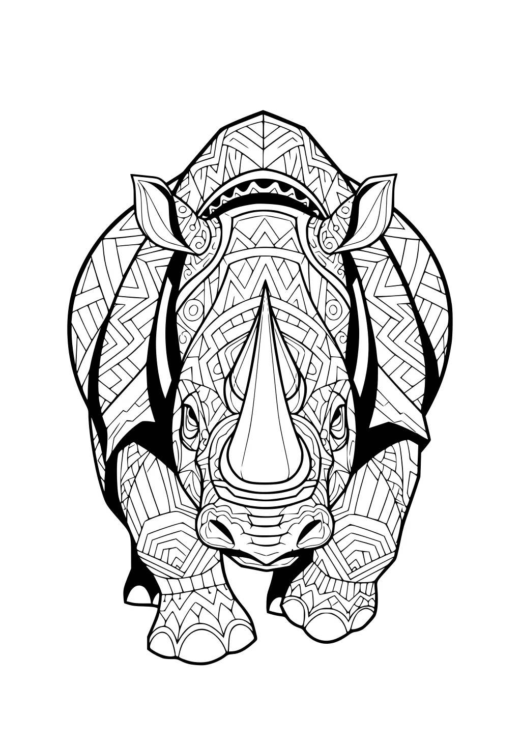 Front view of a rhinoceros with large horn, patterned skin, and geometric designs across its body.