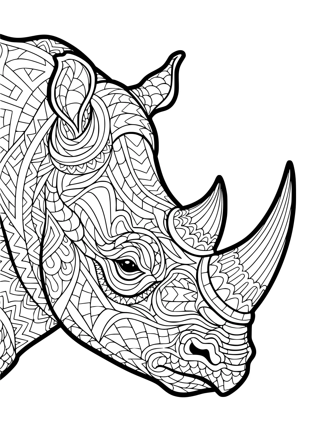 Detailed rhinoceros head in side view with geometric patterns covering its skin and two long horns.