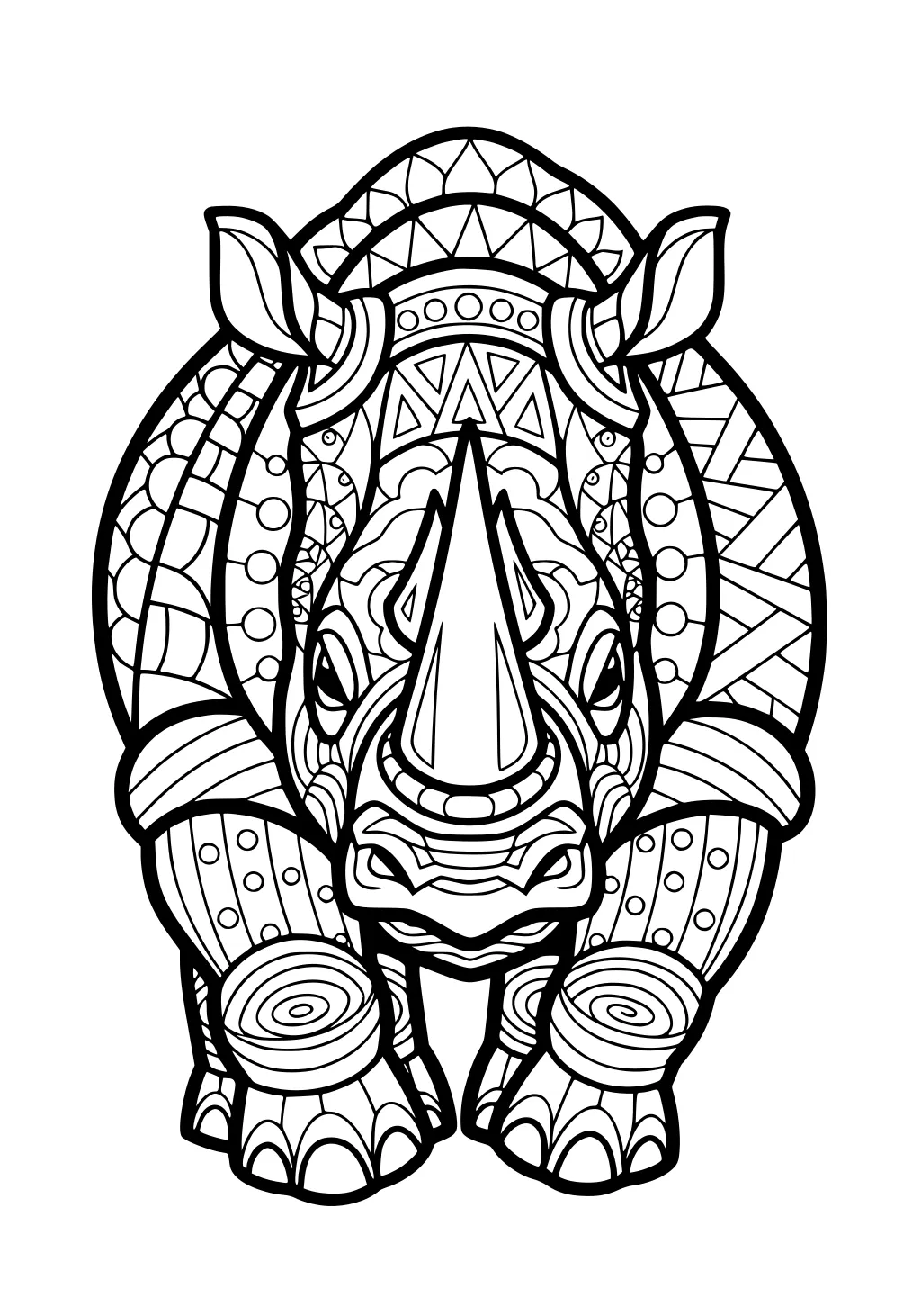 Intricate rhinoceros coloring page featuring front-facing rhino with patterned body, large ears, and detailed designs.