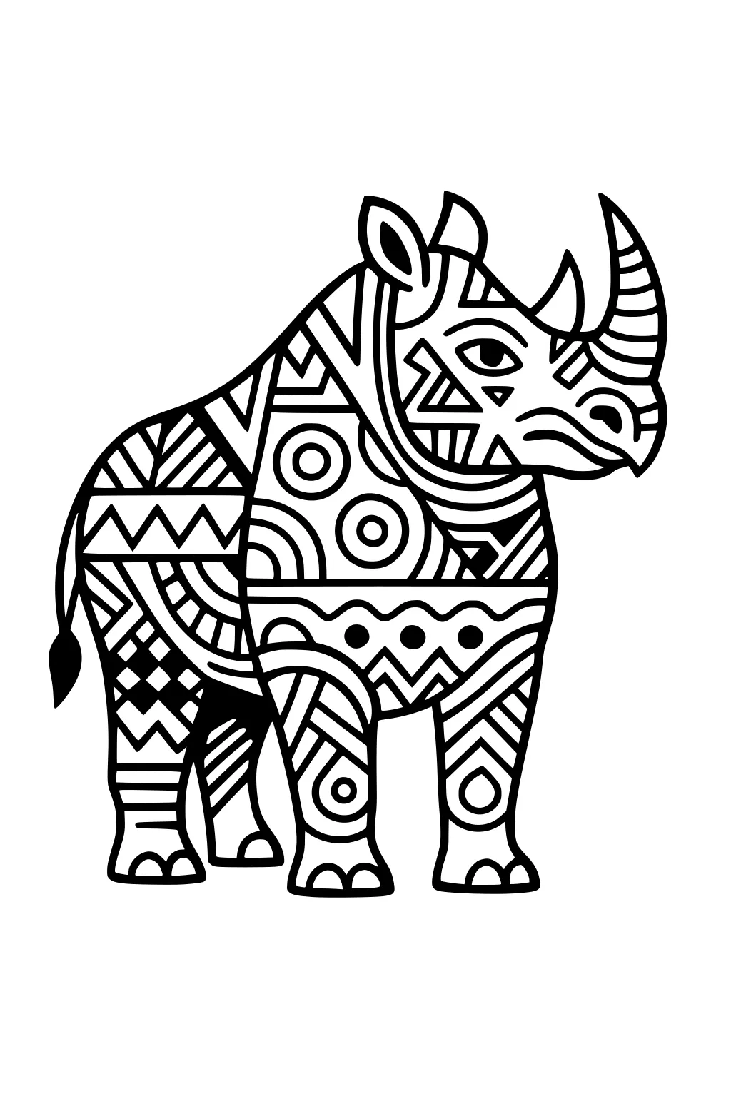 Rhinoceros covered with geometric patterns like zigzags, circles, triangles, and stripes, standing on blank background.