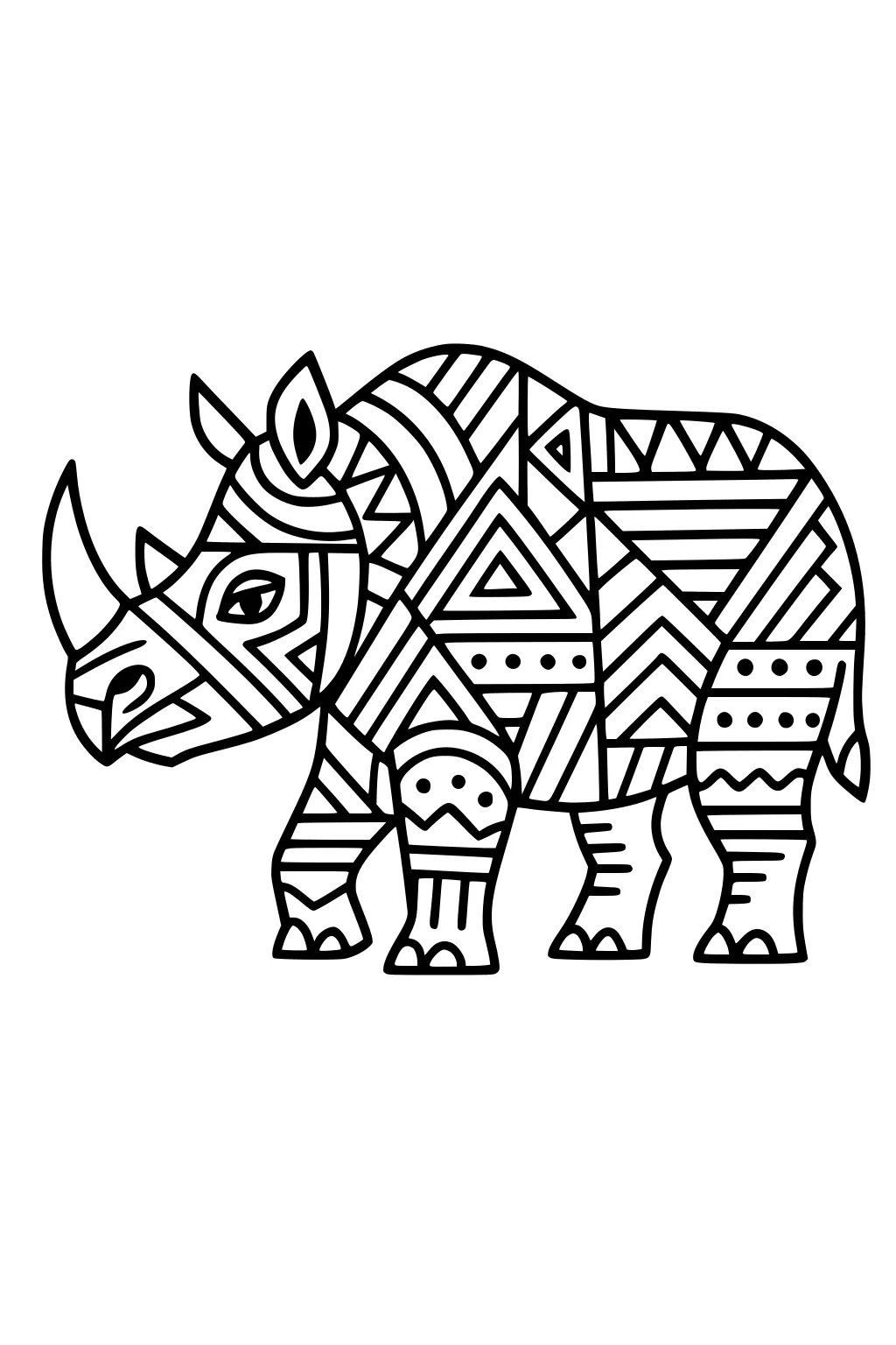 Rhinoceros with geometric patterns of triangles, stripes, and dots covering its whole body.
