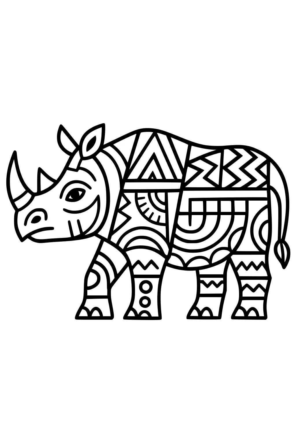 Smiling rhinoceros with horns, decorated with bold geometric shapes and patterns all over its body.