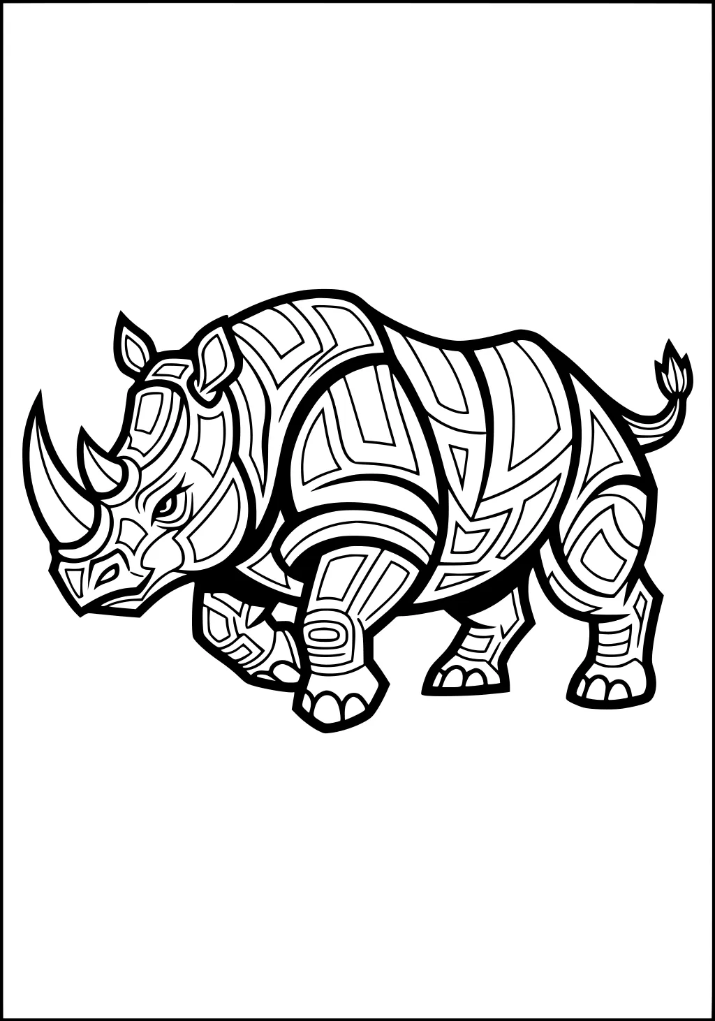 Outlined rhinoceros with detailed geometric patterns and two horns walking forward, tail uplifted.
