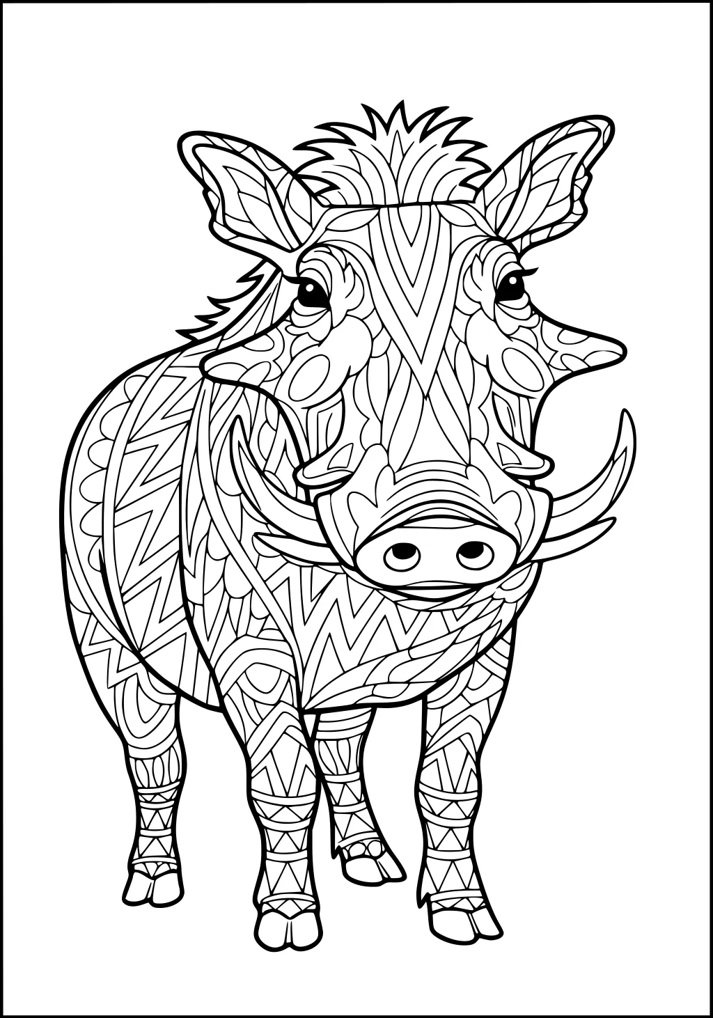 Warthog with large tusks and patterned body standing forward, full of zigzag and curved line designs.