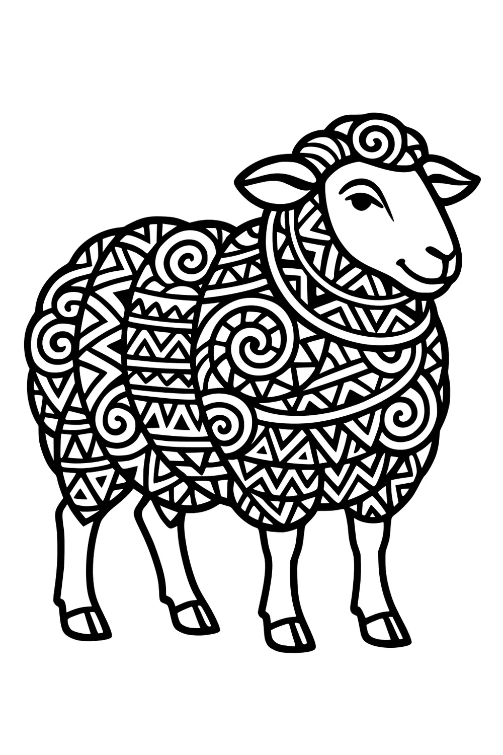 Sheep with wool covered in triangles, swirls, and geometric patterns, standing and smiling.