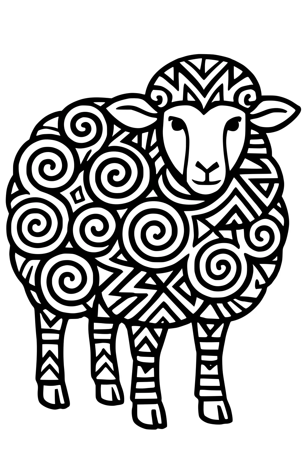 Outlined sheep with spiral and zigzag patterns in its wool, standing on all fours, facing forward.